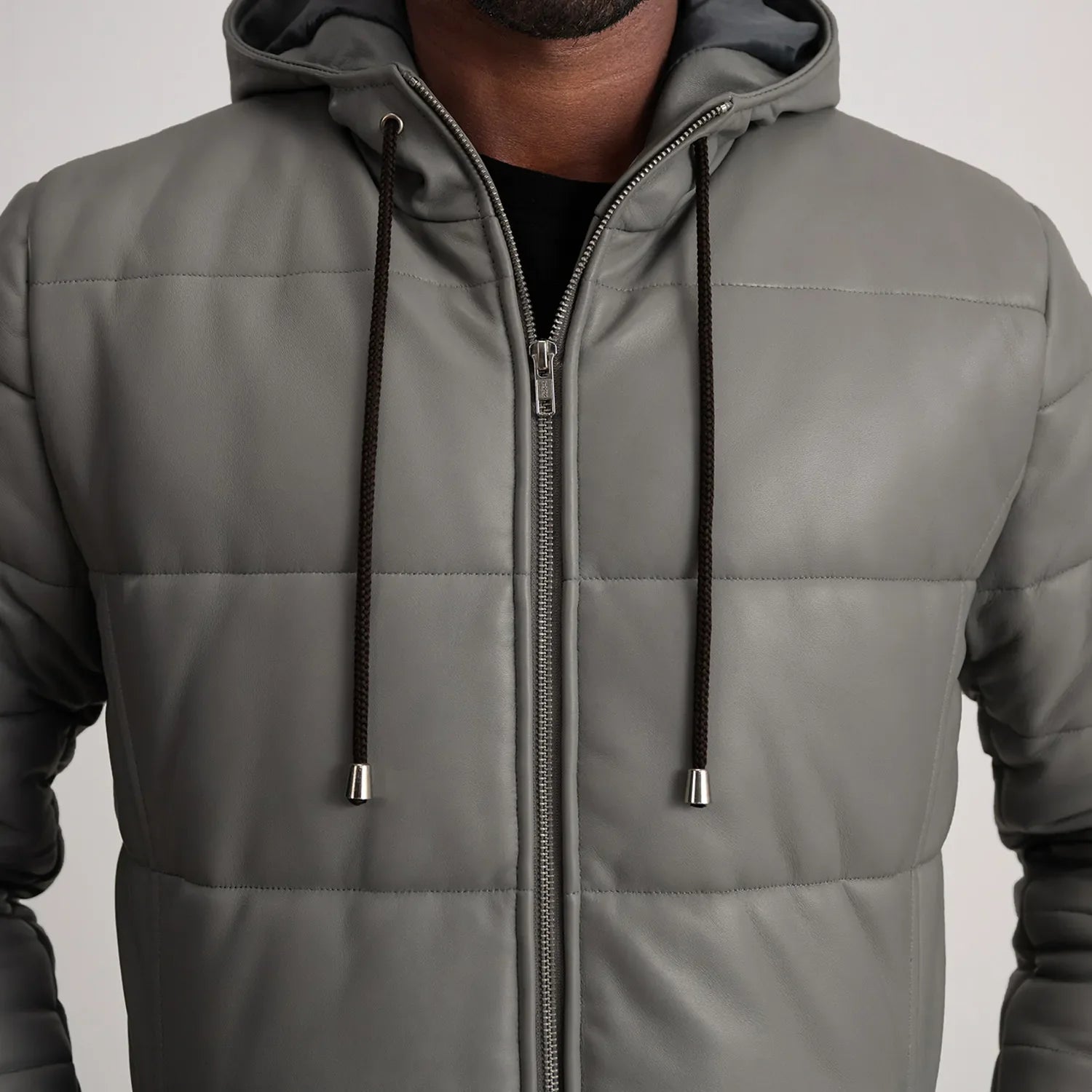 Floyd Grey Hooded Leather Puffer Coat by Dash Racegear - men Jacket view 4