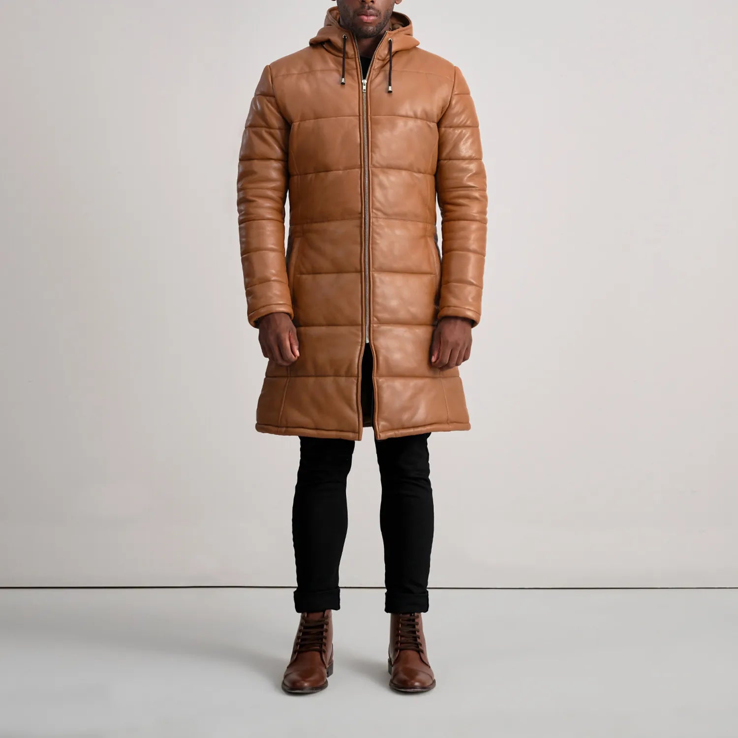 Floyd Tan Hooded Leather Puffer Coat by Dash Racegear - men Jacket view 3
