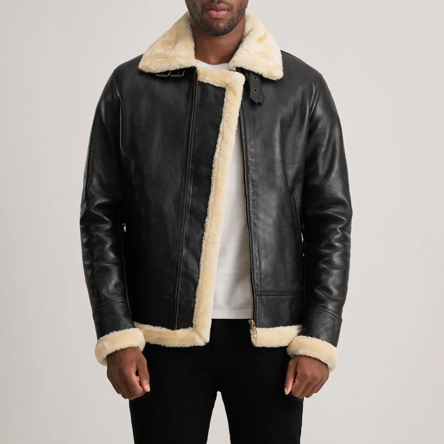 Francis B-3 Black & Cream Leather Bomber Jacket by Dash Racegear - men Jacket view 1