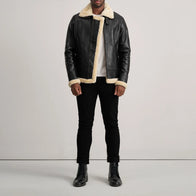 Francis B-3 Black & Cream Leather Bomber Jacket by Dash Racegear - men Jacket view 3