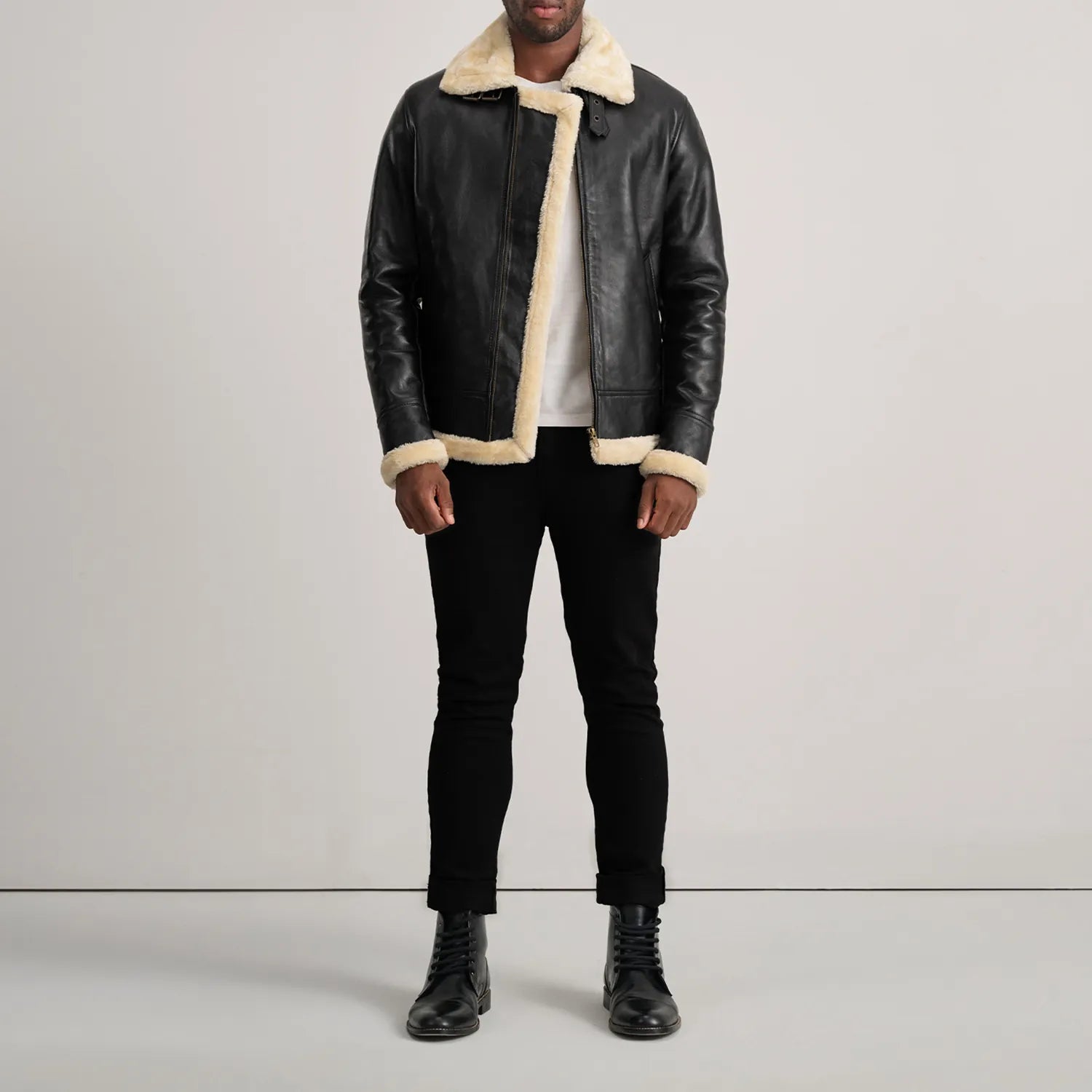 Francis B-3 Black & Cream Leather Bomber Jacket by Dash Racegear - men Jacket view 3