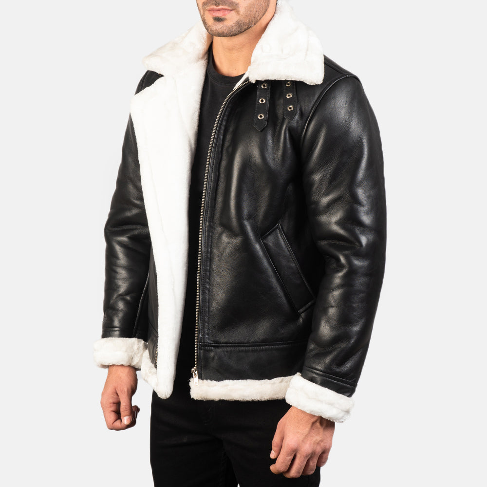 Francis B-3 Black & White Leather Bomber Jacket by Dash Racegear - men Jacket view 2