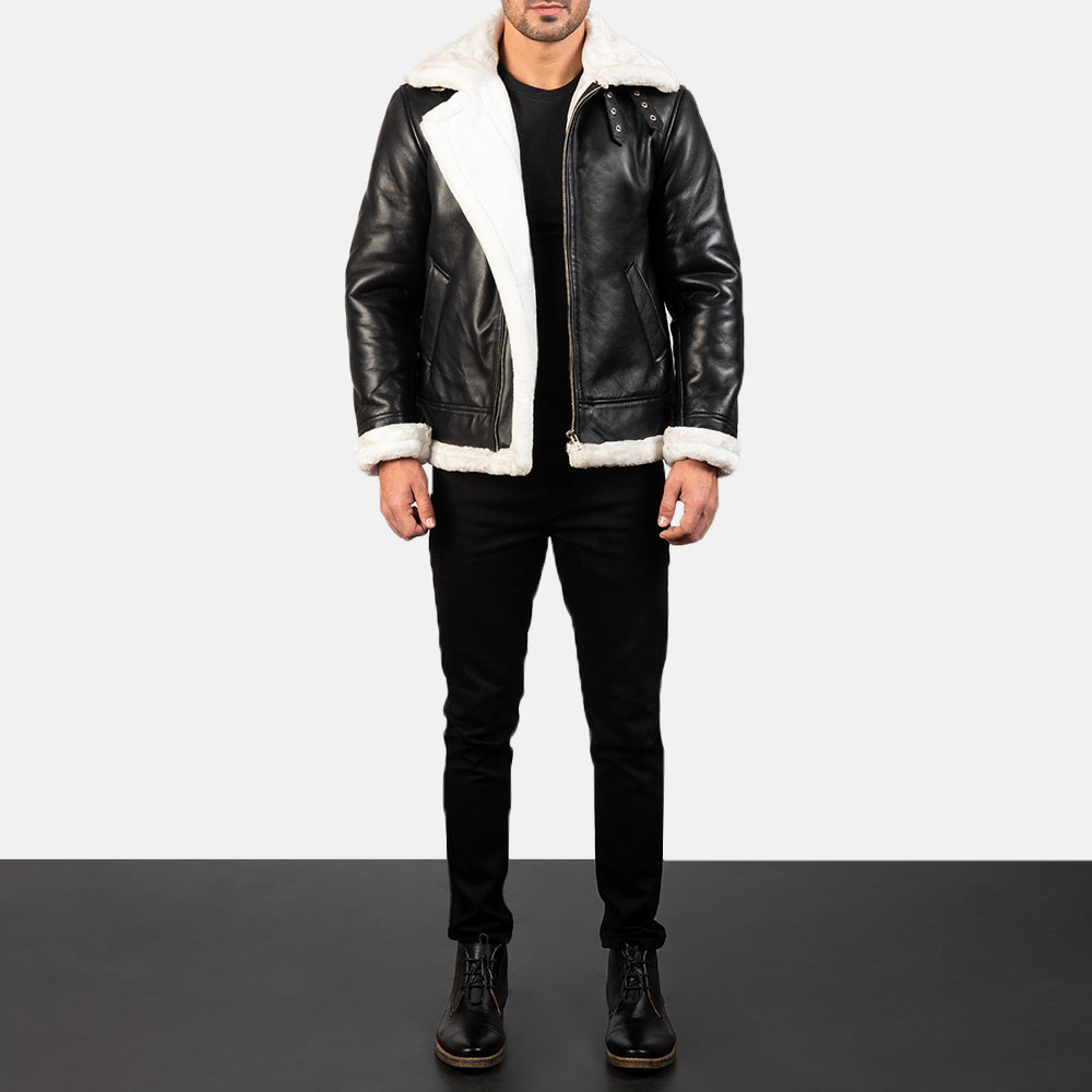 Francis B-3 Black & White Leather Bomber Jacket by Dash Racegear - men Jacket view 3