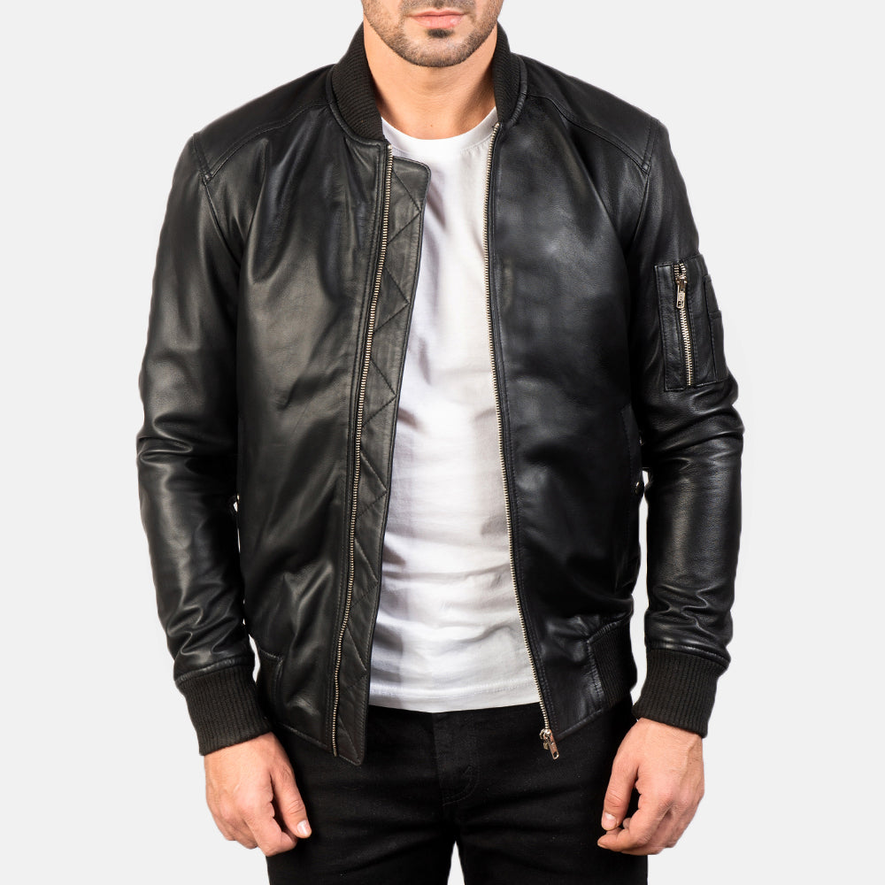 [FS] Bomia Ma-1 Black Leather Bomber Jacket by Dash Racegear - men Jacket view 1