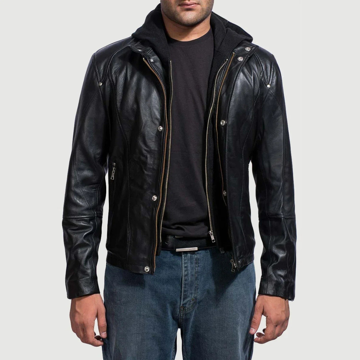 [FS] Highschool Black Hooded Leather Jacket by Dash Racegear - men Jacket view 1