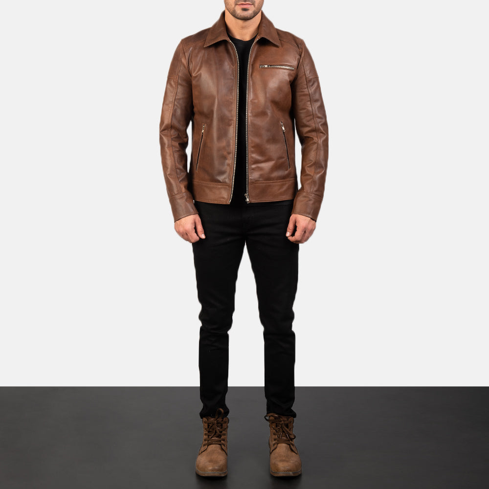 [FS] Lavendard Brown Leather Biker Jacket by Dash Racegear - men Jacket view 4