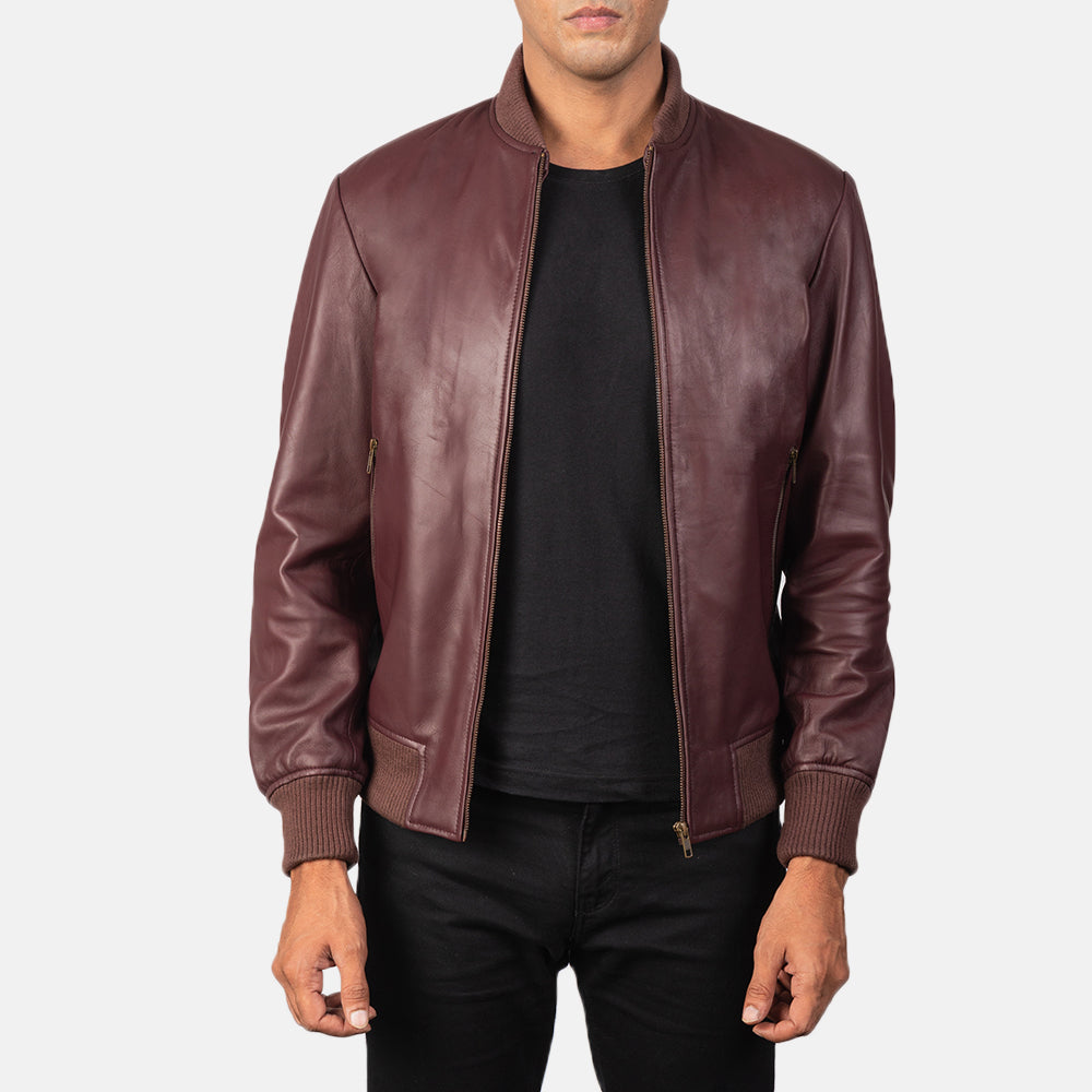 [FS] Shane Maroon Leather Bomber Jacket by Dash Racegear - men Jacket view 1