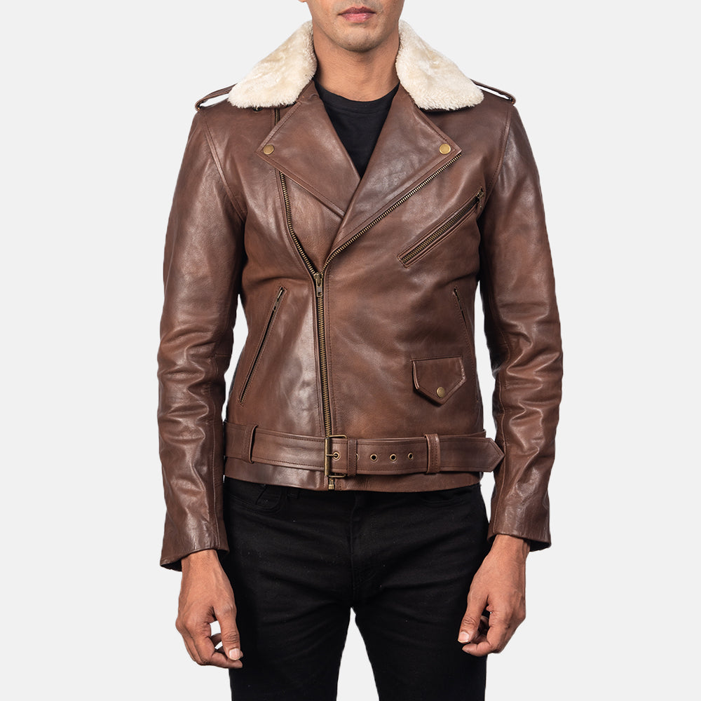 Furton Brown Leather Biker Jacket by Dash Racegear - men Jacket view 3