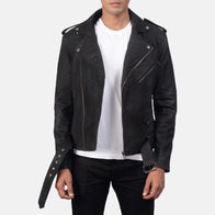 Furton Disressed Black Leather Biker Jacket by Dash Racegear - men Jacket view 1