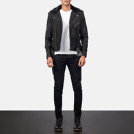 Furton Disressed Black Leather Biker Jacket by Dash Racegear - men Jacket view 3