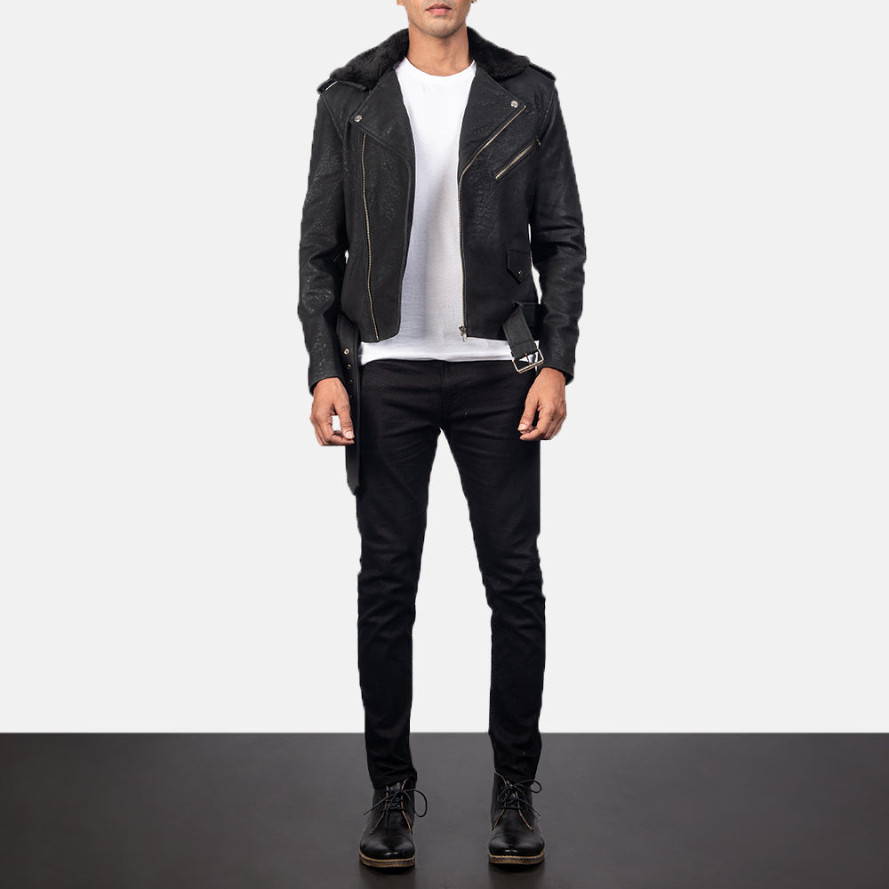 Furton Disressed Black Leather Biker Jacket by Dash Racegear - men Jacket view 3