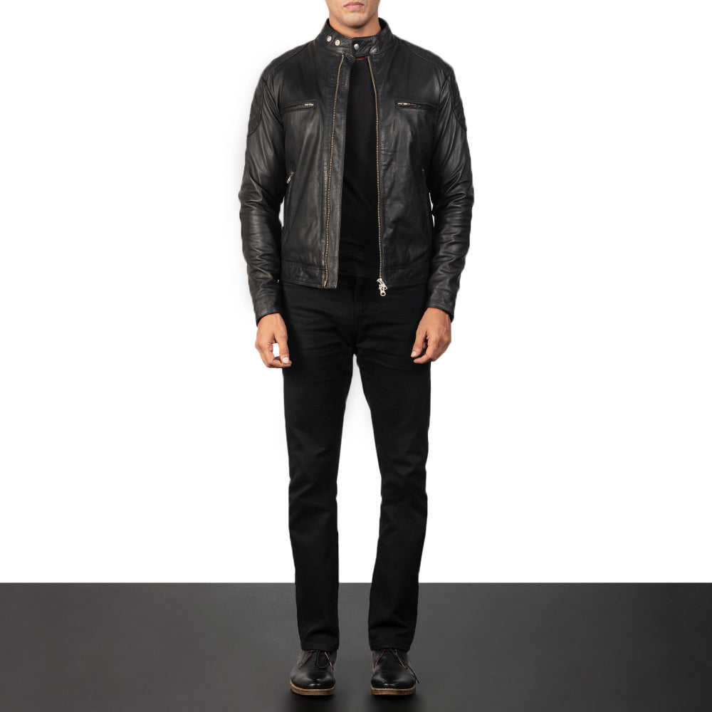 Gatsby Black Leather Biker Jacket by Dash Racegear - men Jacket view 3