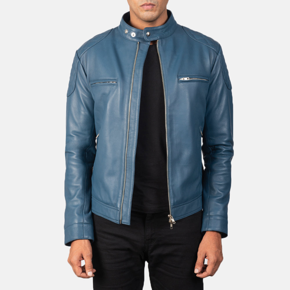 Gatsby Blue Leather Biker Jacket by Dash Racegear - men Jacket view 1