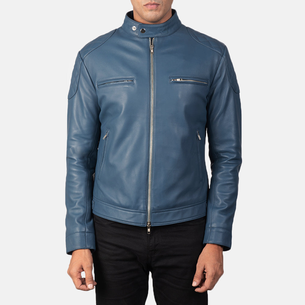 Gatsby Blue Leather Biker Jacket by Dash Racegear - men Jacket view 4