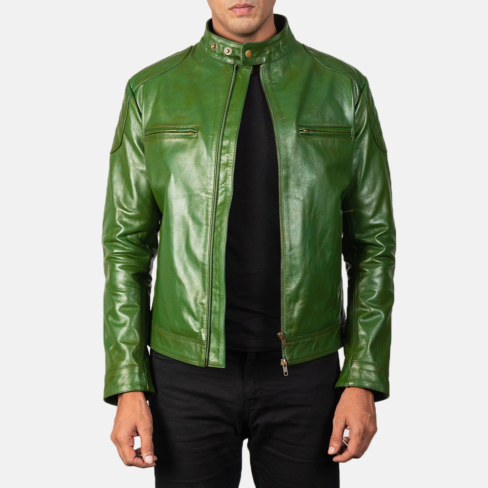 Gatsby Green Leather Biker Jacket by Dash Racegear - men Jacket view 1