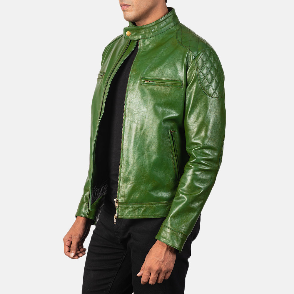 Gatsby Green Leather Biker Jacket by Dash Racegear - men Jacket view 2