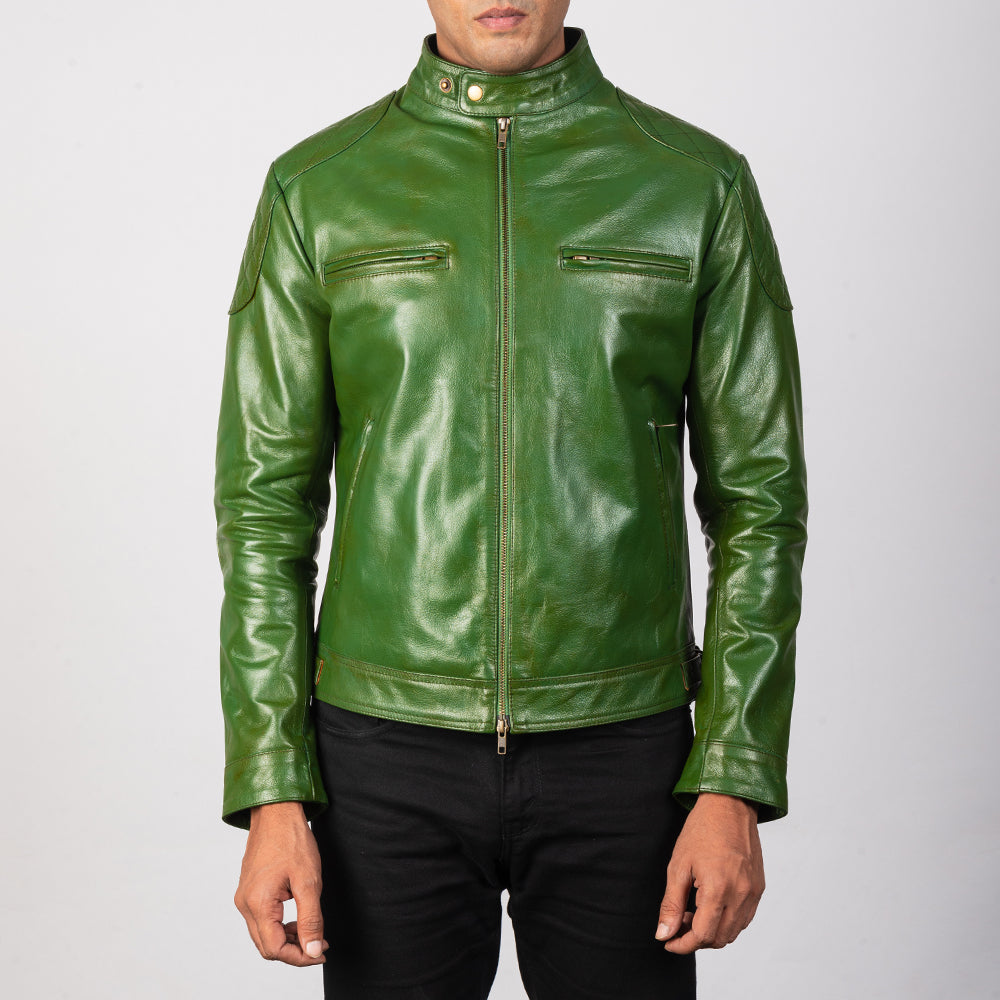 Gatsby Green Leather Biker Jacket by Dash Racegear - men Jacket view 3