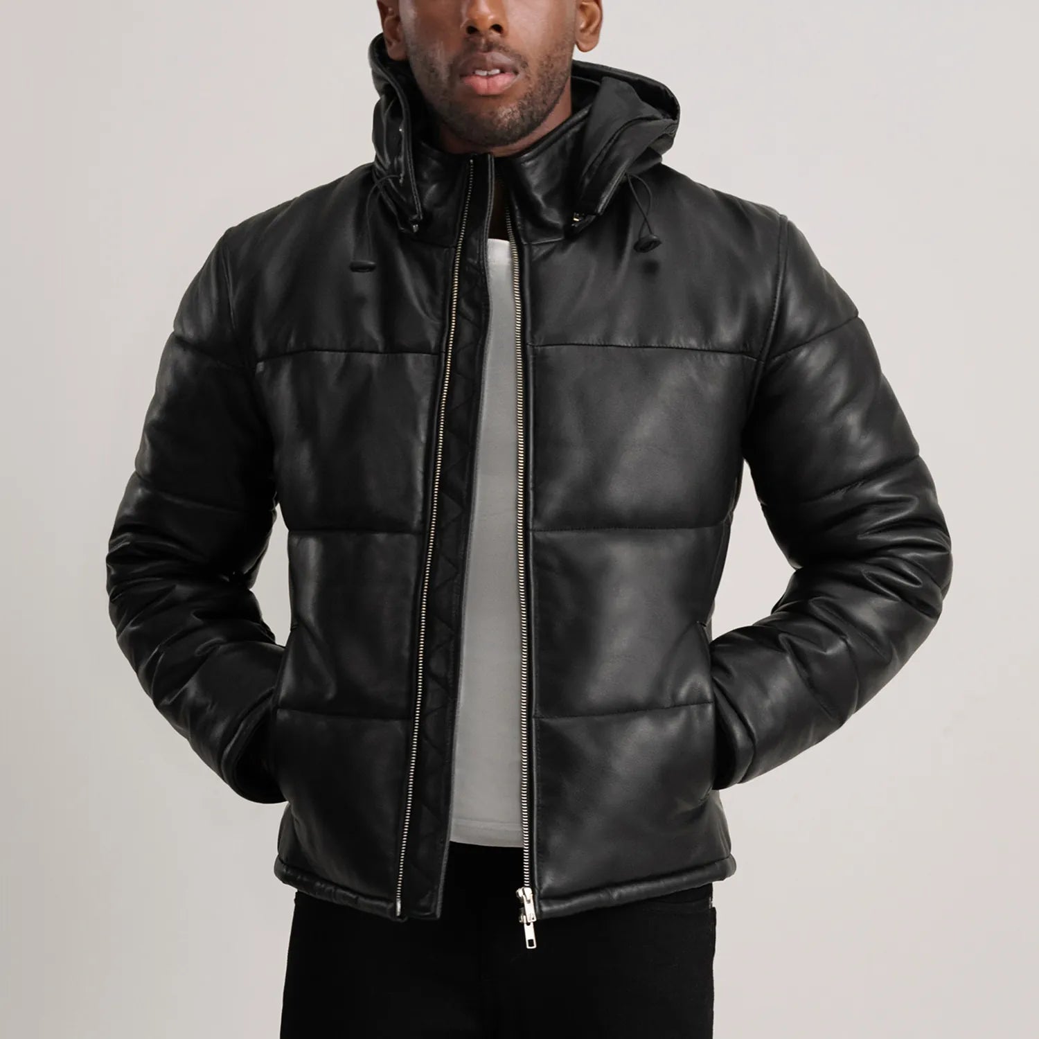 Gordon Black Hooded Leather Puffer Jacket by Dash Racegear - men Jacket view 1