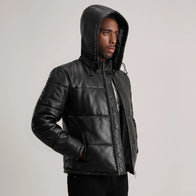 Gordon Black Hooded Leather Puffer Jacket by Dash Racegear - men Jacket view 2