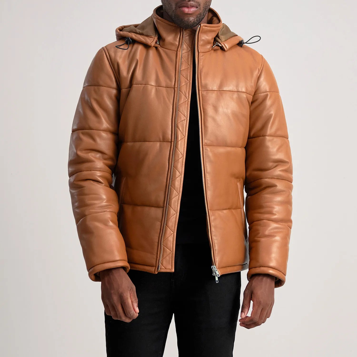 Gordon Tan Hooded Leather Puffer Jacket by Dash Racegear - men Jacket view 1