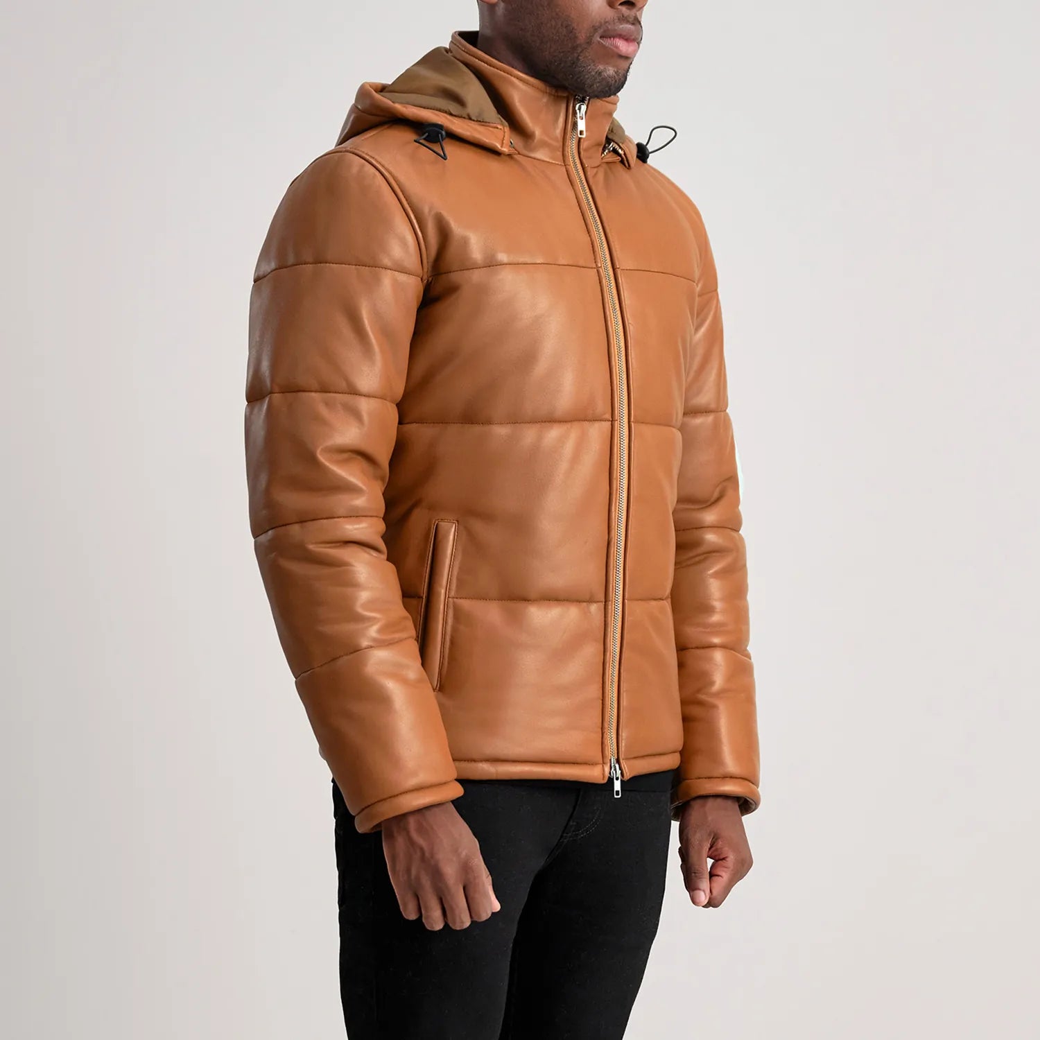 Gordon Tan Hooded Leather Puffer Jacket by Dash Racegear - men Jacket view 2