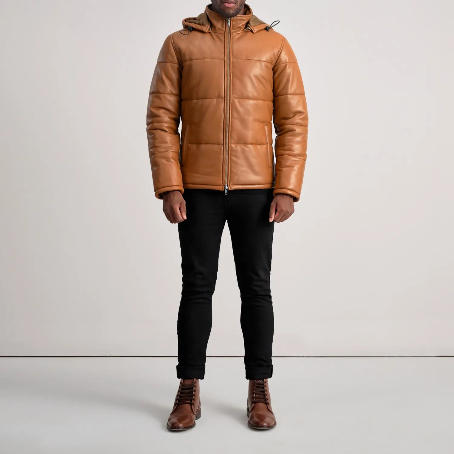 Gordon Tan Hooded Leather Puffer Jacket by Dash Racegear - men Jacket view 3