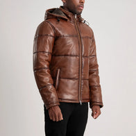 Gordon Waxed Brown Hooded Leather Puffer Jacket by Dash Racegear - men Jacket view 2