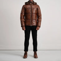 Gordon Waxed Brown Hooded Leather Puffer Jacket by Dash Racegear - men Jacket view 3