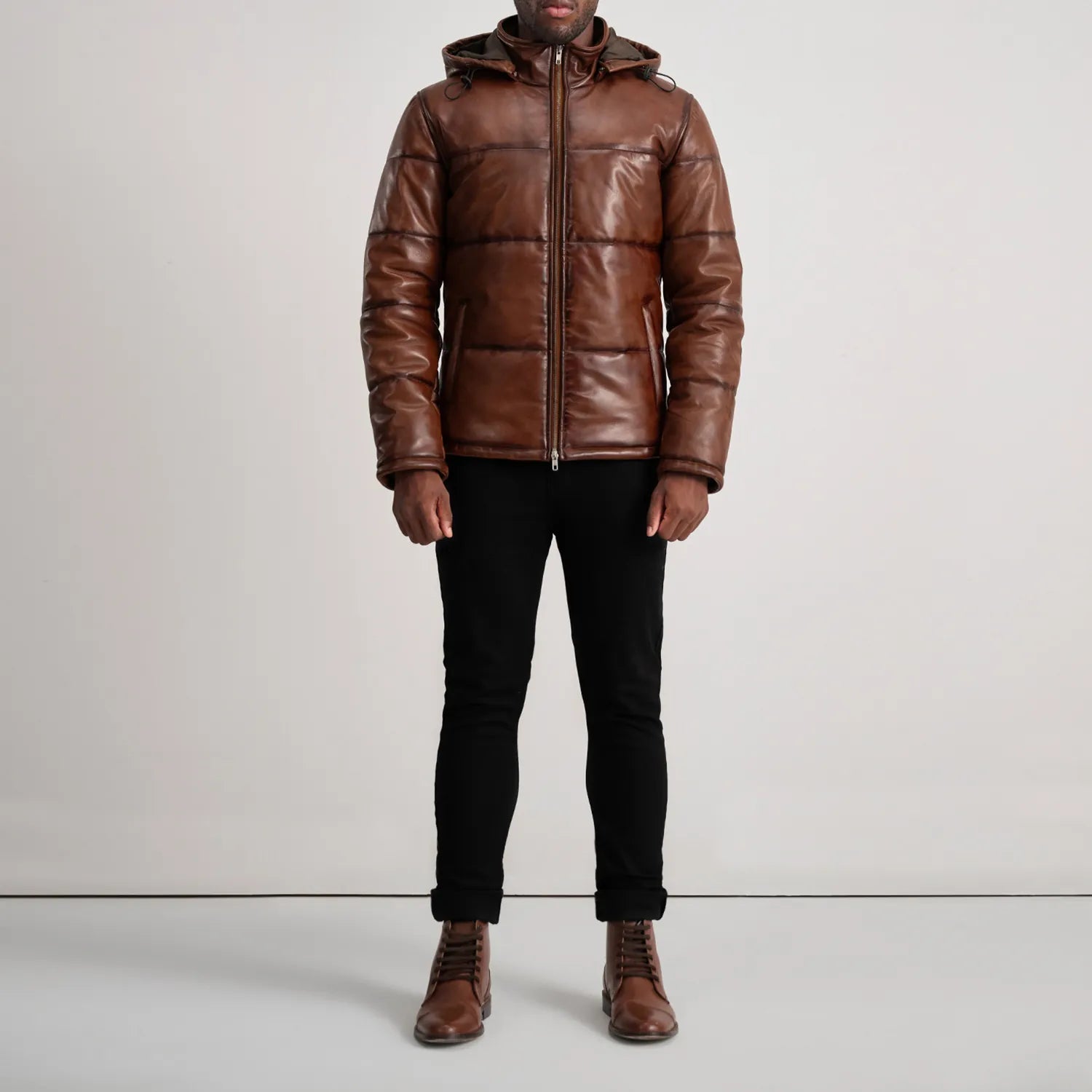 Gordon Waxed Brown Hooded Leather Puffer Jacket by Dash Racegear - men Jacket view 3
