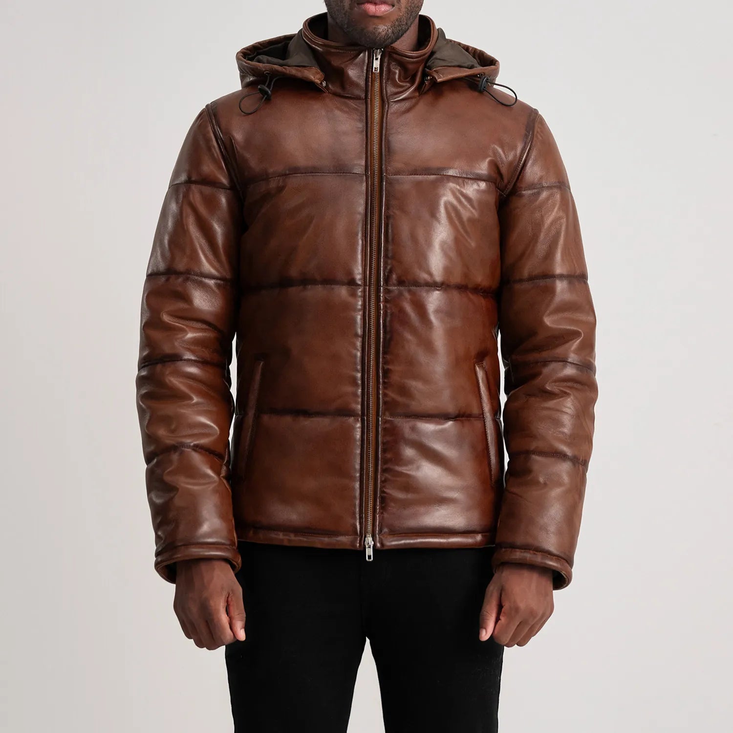Gordon Waxed Brown Hooded Leather Puffer Jacket by Dash Racegear - men Jacket view 4