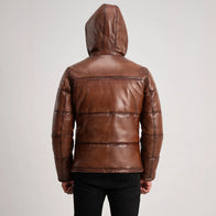 Gordon Waxed Brown Hooded Leather Puffer Jacket by Dash Racegear - men Jacket view 5