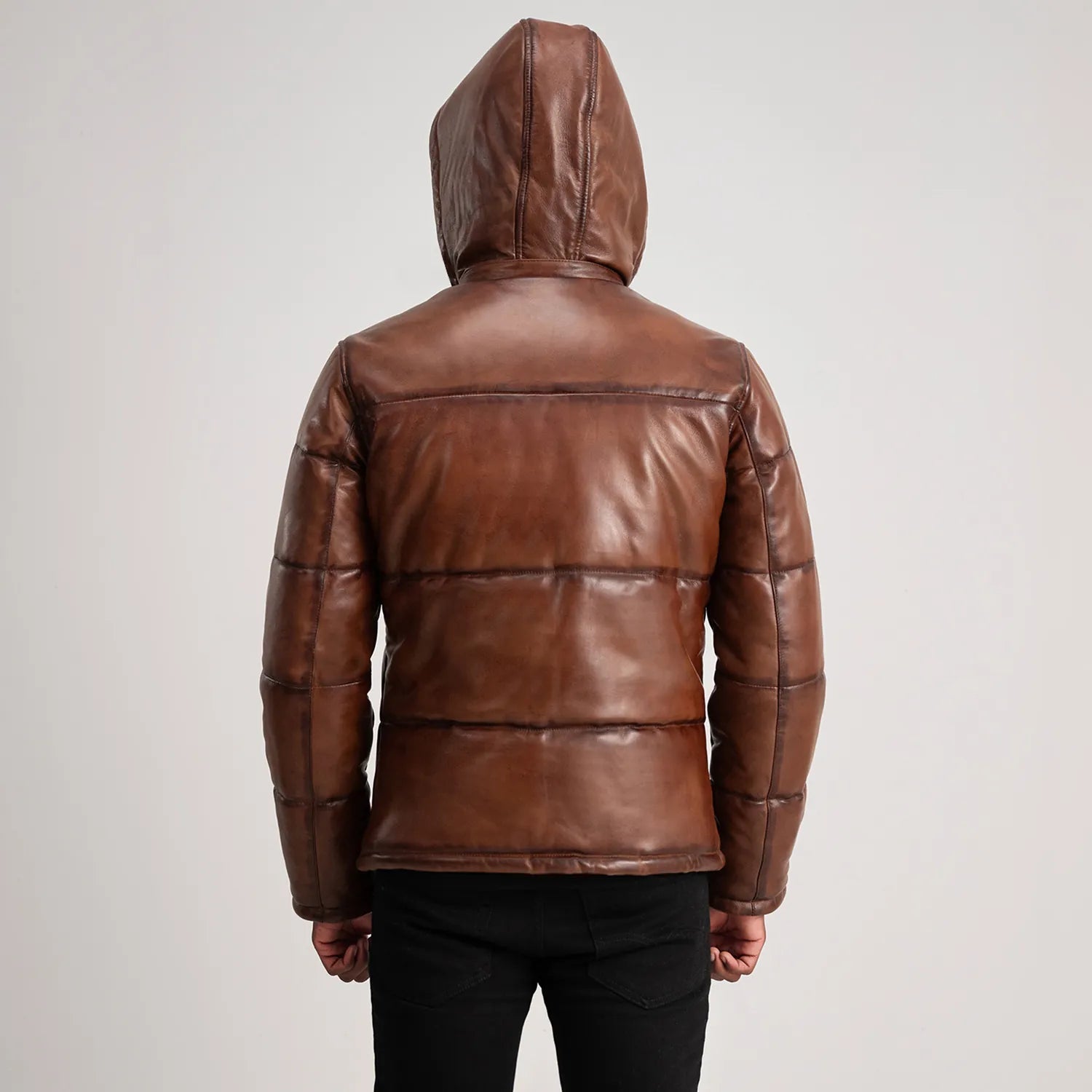 Gordon Waxed Brown Hooded Leather Puffer Jacket by Dash Racegear - men Jacket view 5