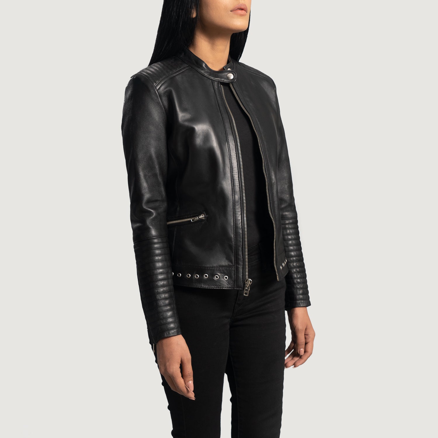 Haley Ray Black Leather Biker Jacket by Dash Racegear - women Jacket view 3