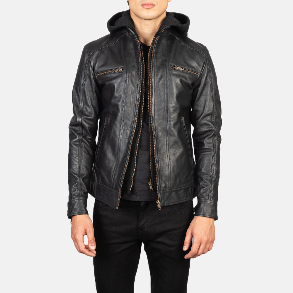 Hector Black Hooded Leather Biker Jacket by Dash Racegear - men Jacket view 1