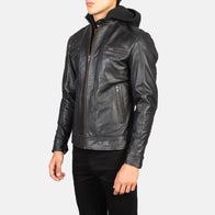 Hector Black Hooded Leather Biker Jacket by Dash Racegear - men Jacket view 2
