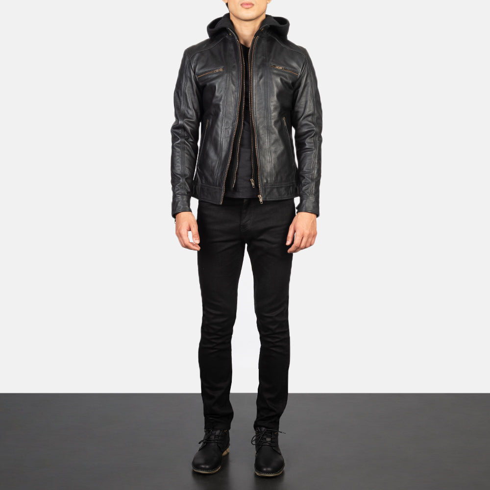Hector Black Hooded Leather Biker Jacket by Dash Racegear - men Jacket view 3