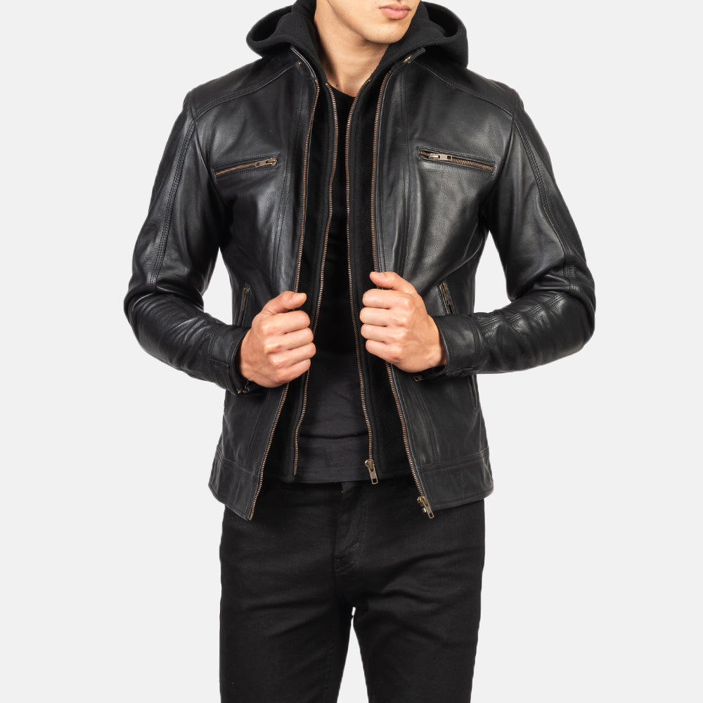 Hector Black Hooded Leather Biker Jacket by Dash Racegear - men Jacket view 4