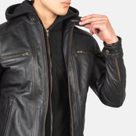 Hector Black Hooded Leather Biker Jacket by Dash Racegear - men Jacket view 6