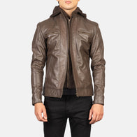 Hector Brown Hooded Leather Biker Jacket by Dash Racegear - men Jacket view 1