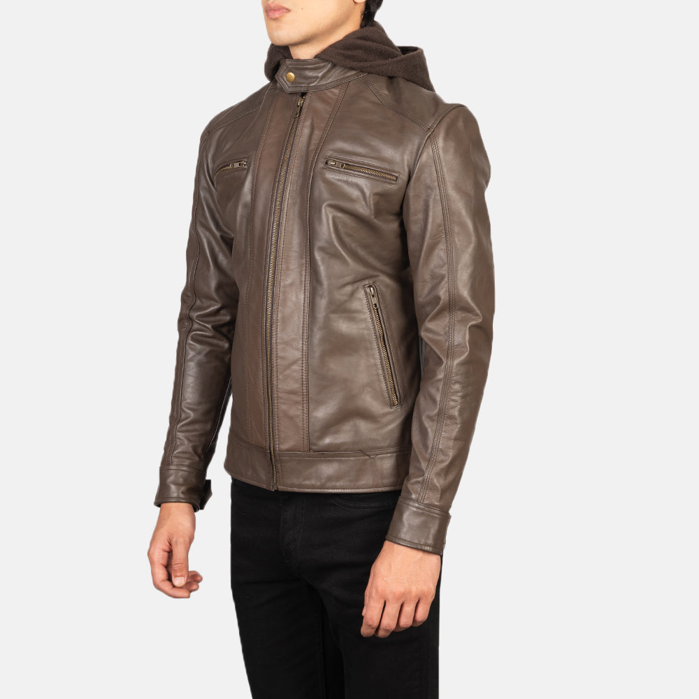 Hector Brown Hooded Leather Biker Jacket by Dash Racegear - men Jacket view 2