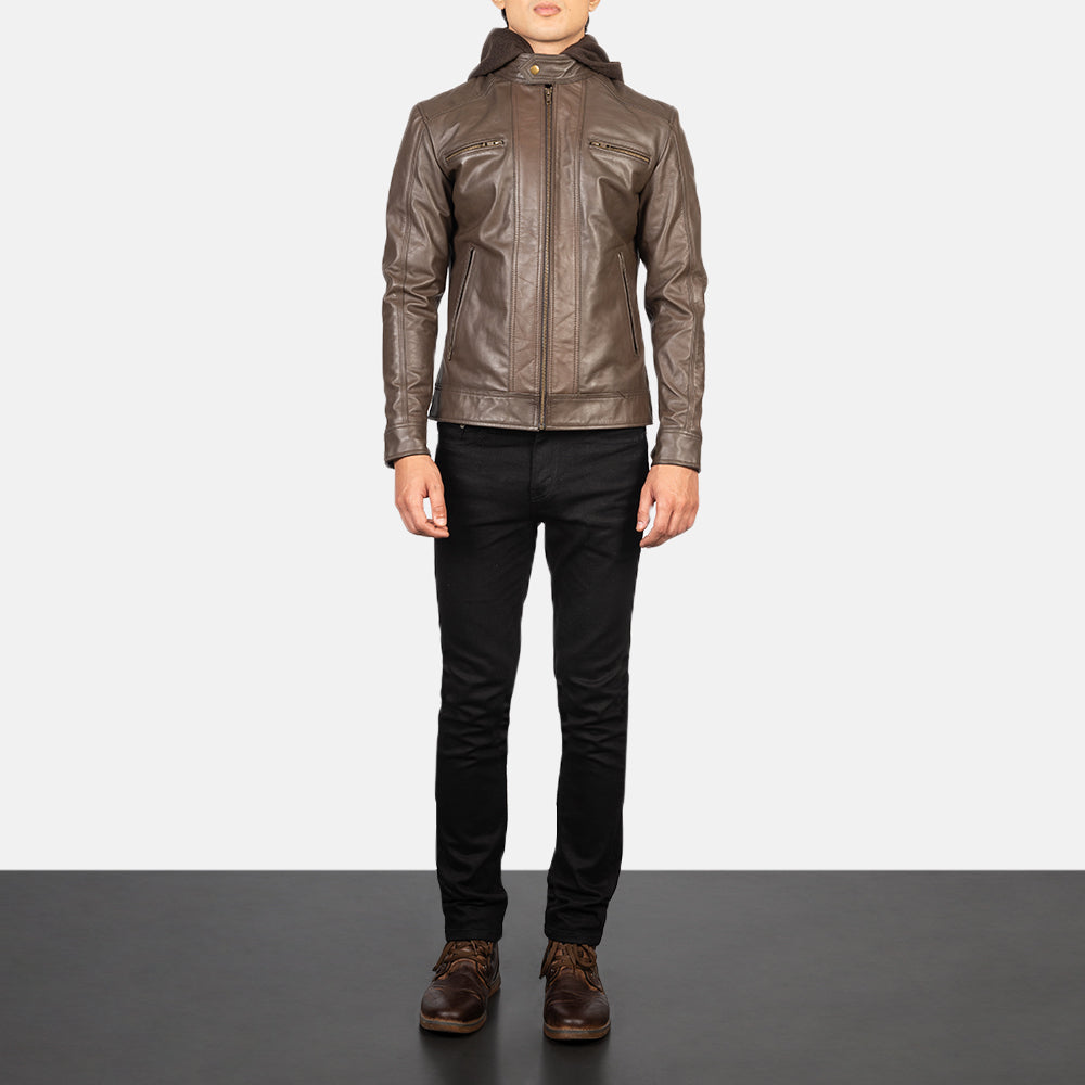 Hector Brown Hooded Leather Biker Jacket by Dash Racegear - men Jacket view 3