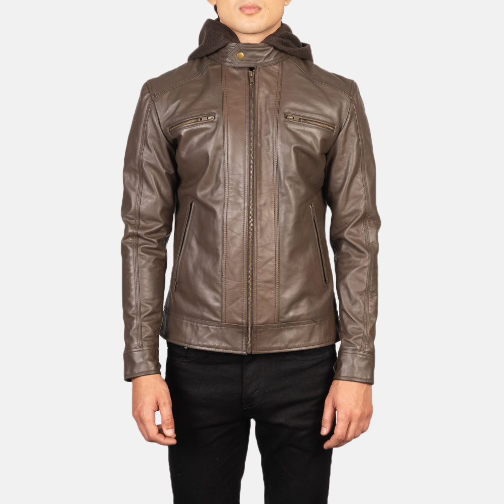 Hector Brown Hooded Leather Biker Jacket by Dash Racegear - men Jacket view 4
