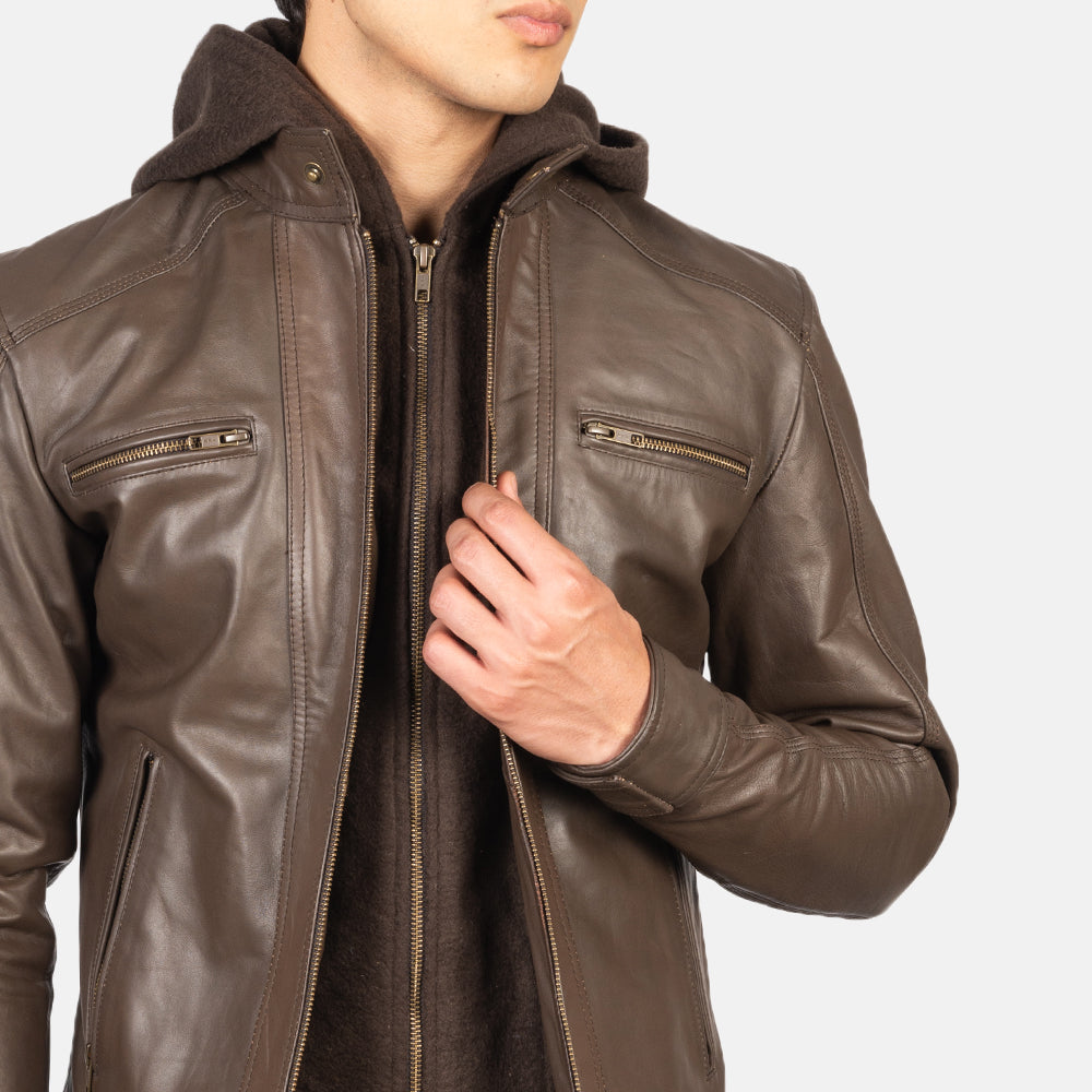 Hector Brown Hooded Leather Biker Jacket by Dash Racegear - men Jacket view 6