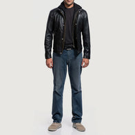 Highschool Black Hooded Leather Jacket by Dash Racegear - men Jacket view 3