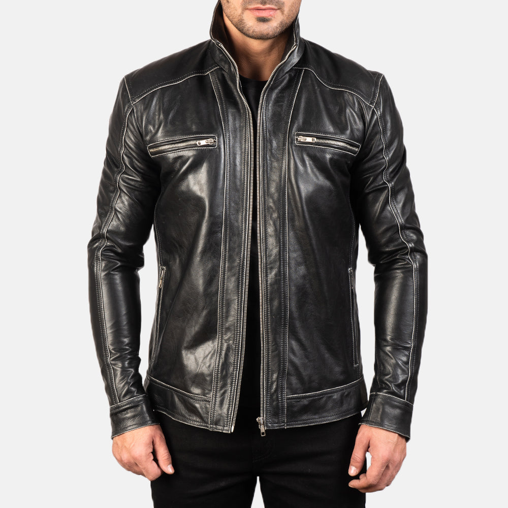 Hudson Black Leather Biker Jacket by Dash Racegear - men Jacket view 1