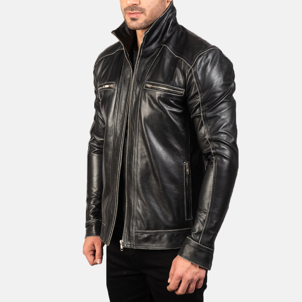Hudson Black Leather Biker Jacket by Dash Racegear - men Jacket view 2