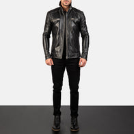 Hudson Black Leather Biker Jacket by Dash Racegear - men Jacket view 3