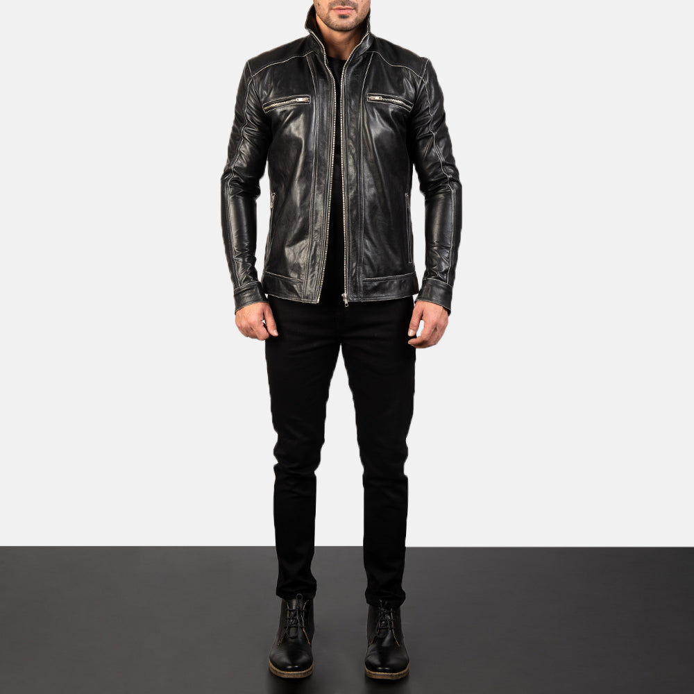 Hudson Black Leather Biker Jacket by Dash Racegear - men Jacket view 3