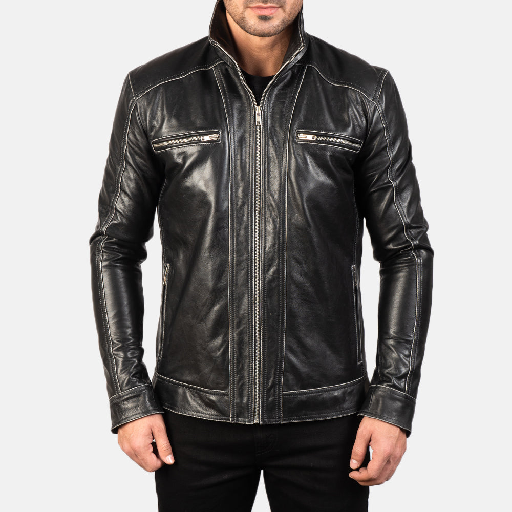 Hudson Black Leather Biker Jacket by Dash Racegear - men Jacket view 4