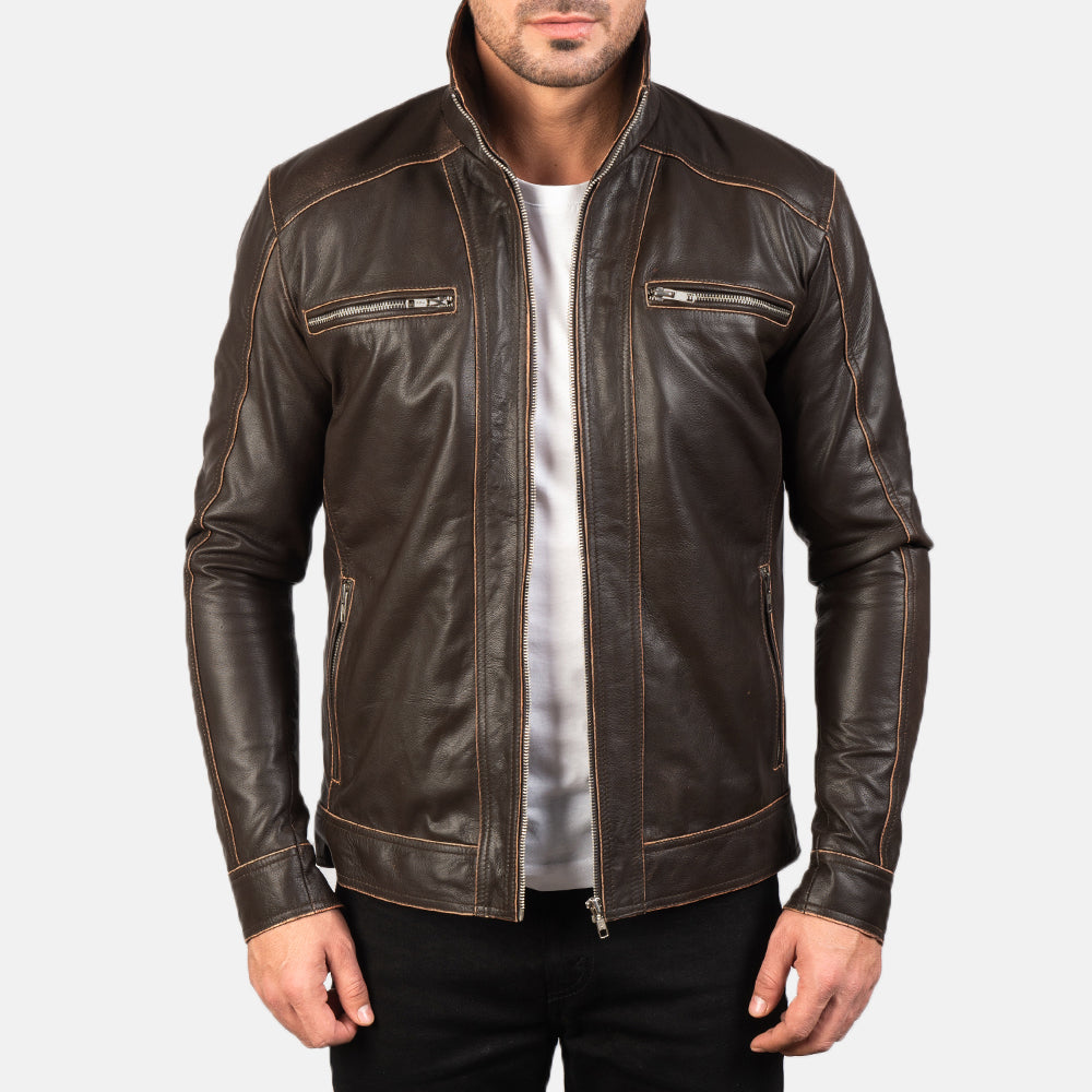 Hudson Brown Leather Biker Jacket by Dash Racegear - men Jacket view 1